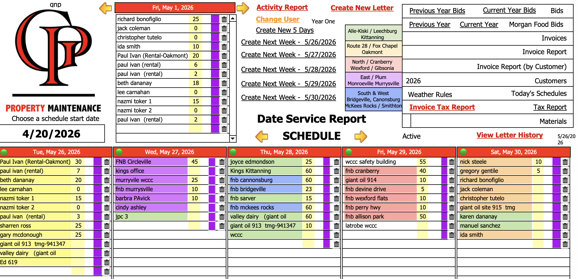 GP Custom Services main dashboard showing the multi-day schedule grid color-coded by zone, with menus for activity reports, invoices, bids, and customers.