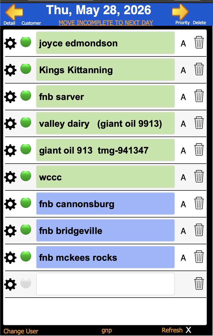 iPhone schedule list for Thu May 28 2026 showing job entries color-coded by zone — green band for first set of customers, blue band for second set.