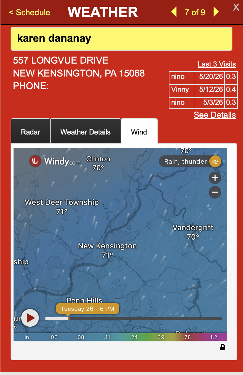 Karen dananay Windy tab showing precipitation and temperature overlay across West Deer Township, New Kensington, Vandergrift, Penn Hills, Tuesday 26 6 PM.