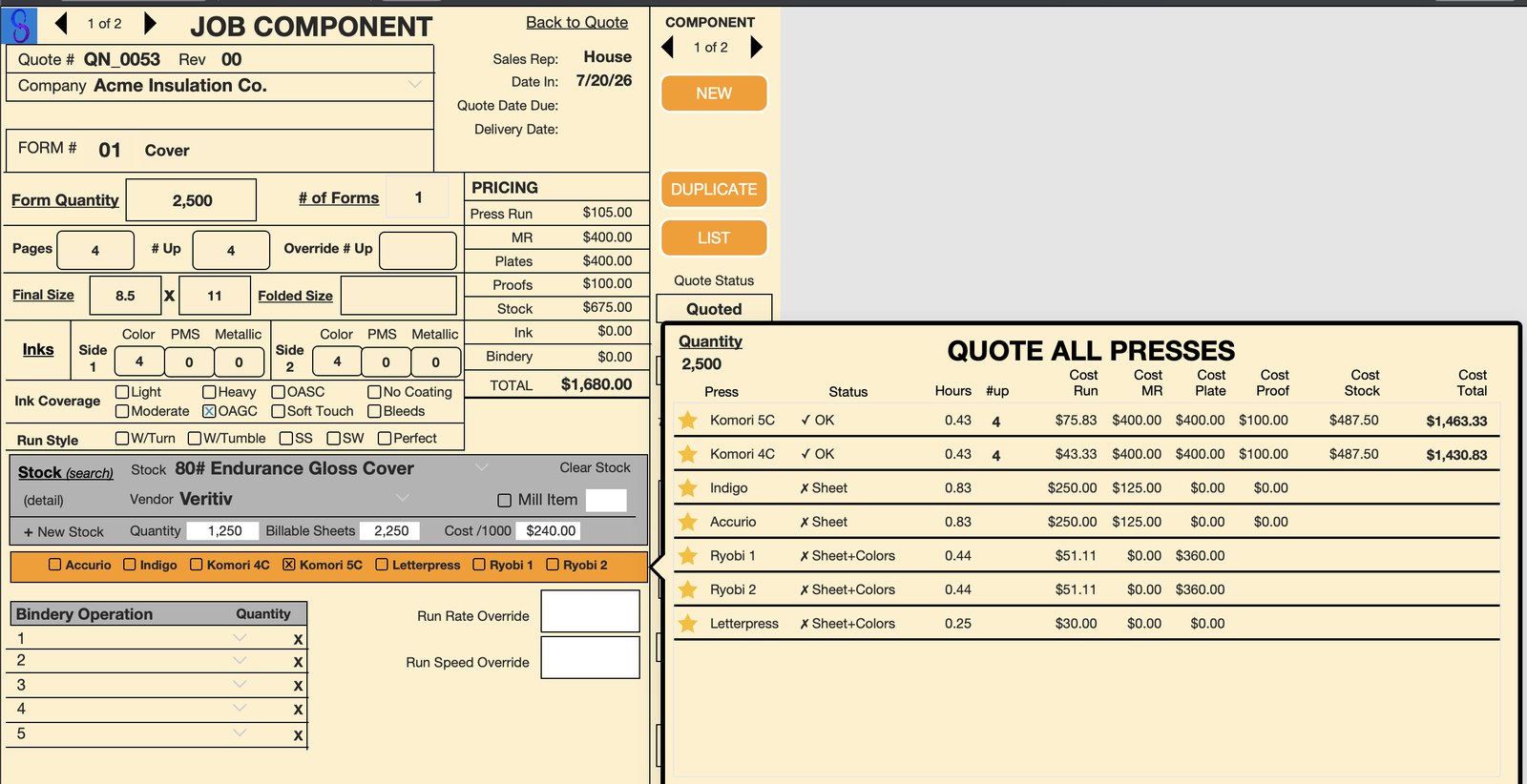 Estimating engine comparing cost across every available press in real time