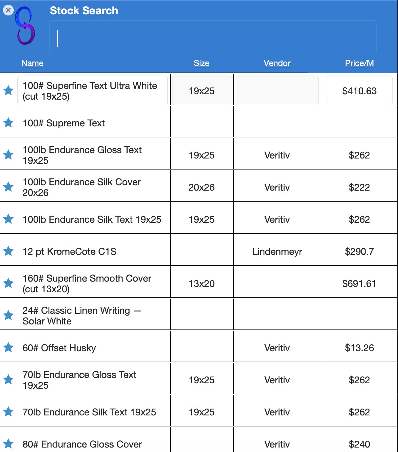 Searchable stock library with vendor and pricing detail