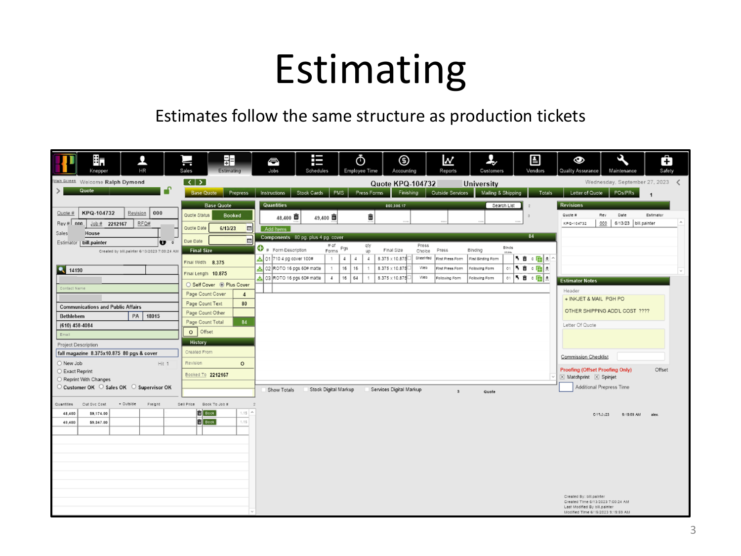 Estimate window in The Answer — quote header, items, costing tabs