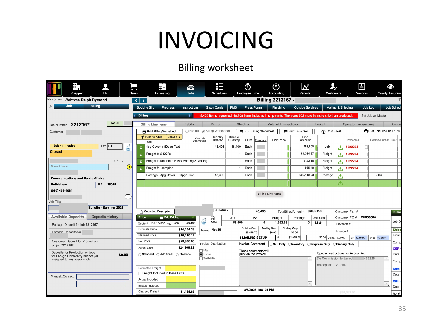 Billing worksheet — pre-invoice summary