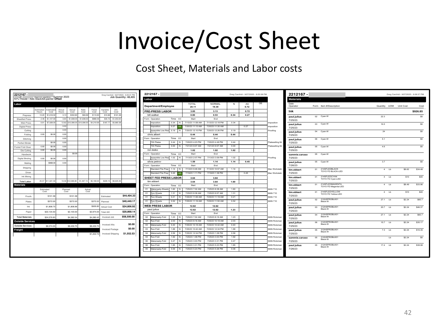 Cost sheet — labor, materials, shipping