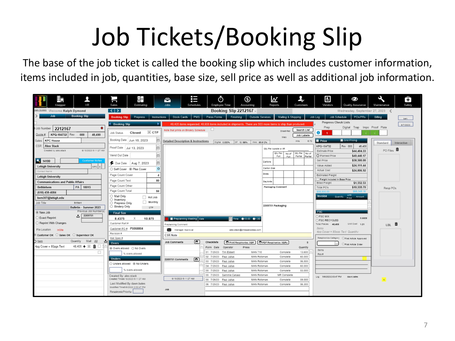 Job ticket booking slip — customer info, items, quantities, price