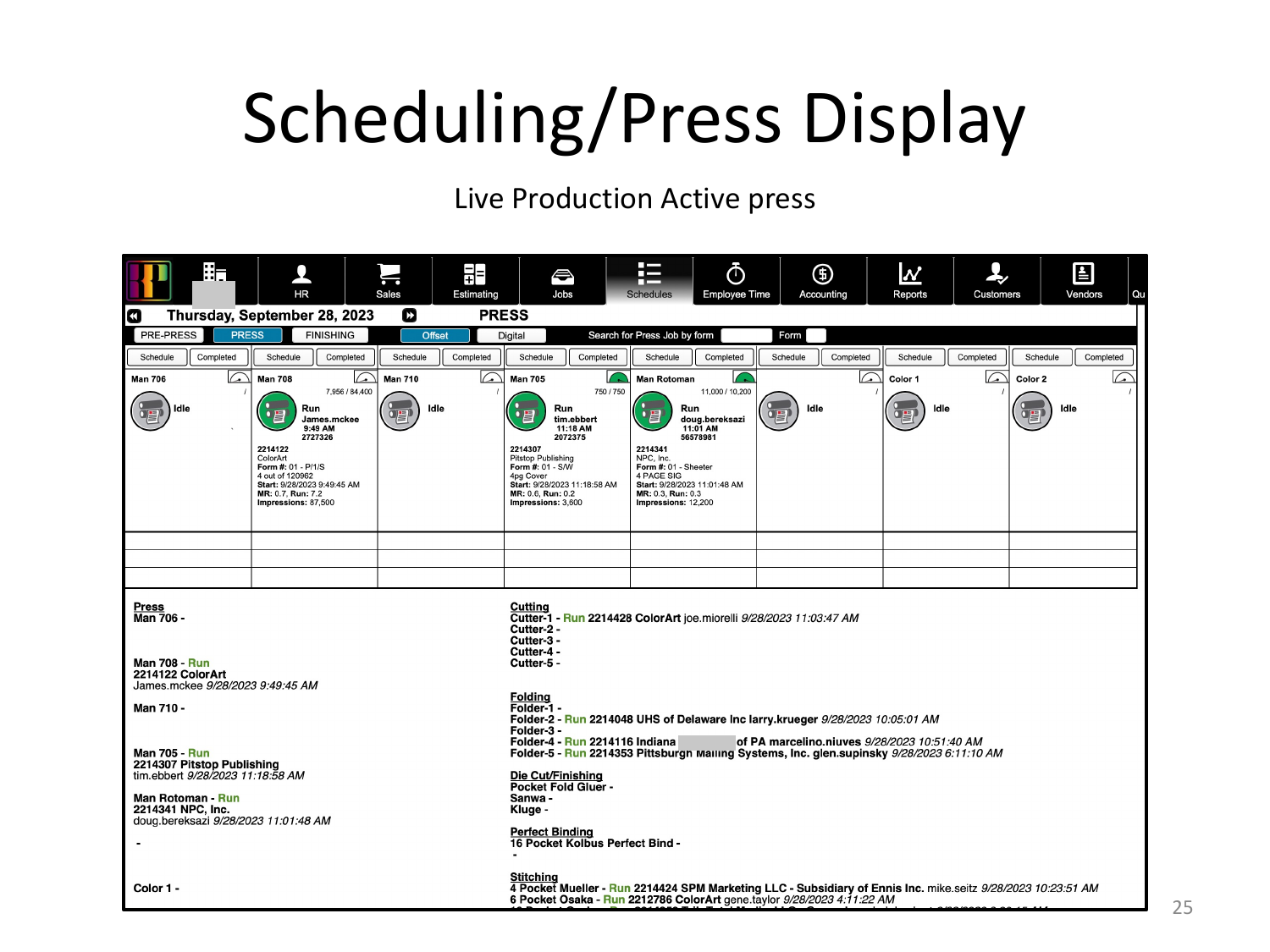 Live press schedule with active jobs and forms