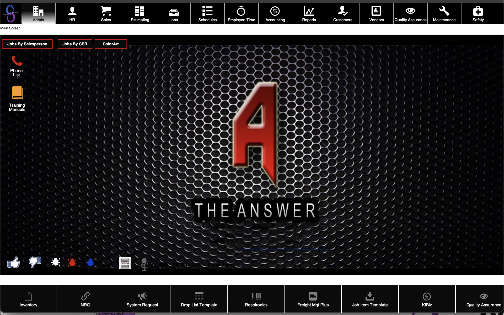 The Answer — main screen showing the system's branding and the full menu of modules (HR, Sales, Estimating, Jobs, Schedules, Employee Time, Accounting, Reports, Customers, Vendors, Quality Assurance, Maintenance, Safety)